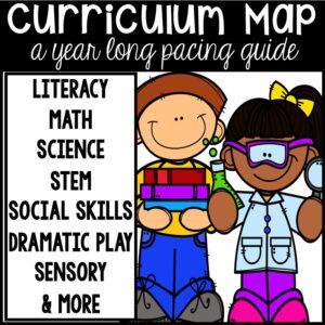 Curriculum Map Pacing Guide for preschool, pre-k, and kindergarten. Monthly lesson plans including literacy, math, science, social skills, dramatic play, calendar, centers, and more. Editable curriculum map included.