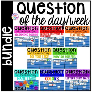 Get all the question of the day packs for a year of questions for your preschool, pre-k, and kindergarten students