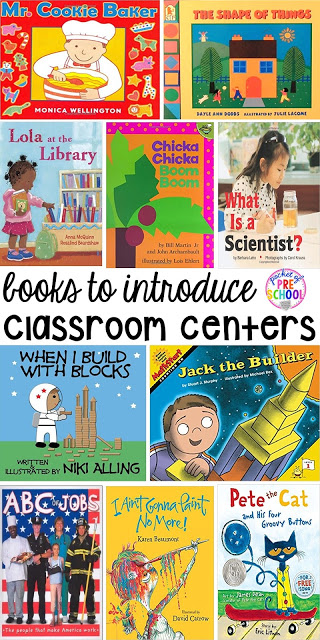 Book list to teach about centers plus Center Time management for preschool, pre-k, and kindergarten plus a free printable to teach about the centers.