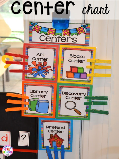 Book list to teach about centers plus Center Time management for preschool, pre-k, and kindergarten plus a free printable to teach about the centers.
