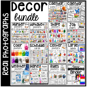 Classroom decor pack with real phots: alphabet posters, number posters, shape posters, calendar set, weather charts, job chart, center posters, teacher binder, and MORE.