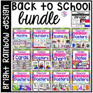 Classroom decor pack with a rainbow theme: alphabet posters, number posters, shape posters, calendar set, weather charts, job chart, center posters, teacher binder, and MORE.