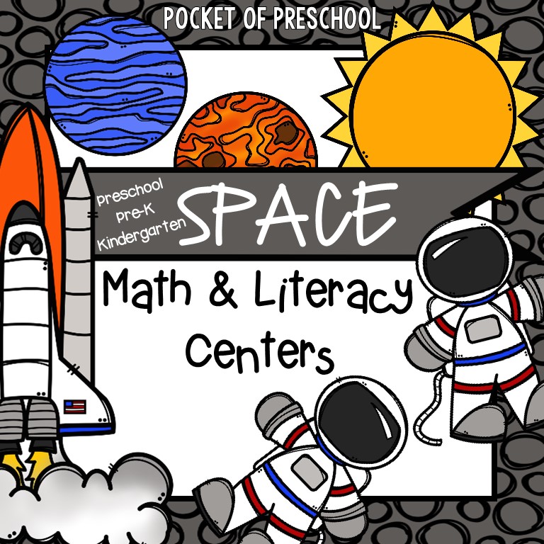 Have a space theme in your preschool, pre-k, or kindergarten classroom while learning math and literacy skills.