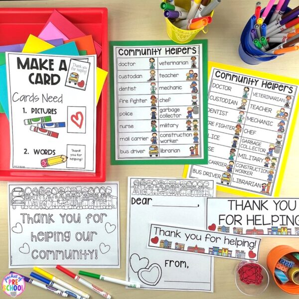 Have a community helpers theme in your preschool, pre-k, or kindergarten classroom while learning math and literacy skills.