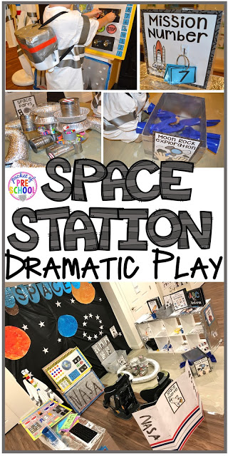Space Station dramatic play! How to make your center into a space station and add math, literacy, and STEM into their play. For preschool, pre-k, and kindergarten.