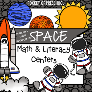 Math and literacy centers for a space theme made for preschool, pre-k, and kindergarten students