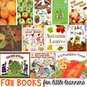 Fall book list for preschool, pre-k, and kindergarten! Leaves, pumpkins, apples, and more!