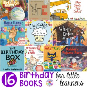 Birthday themed book list perfect for a birthday theme, bakery theme, or all about me theme for preschool, pre-k, or kindergarten!