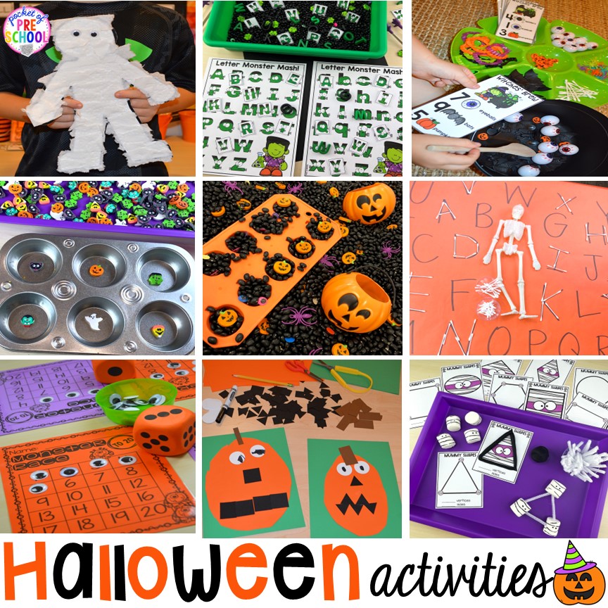 Halloween activities and centers for preschool, pre-k, and kindergarten (math, letters, fine motor, science, sensory, art, blocks, & more).FREE printables... a mummy printable and witches brew counting recipe cards!