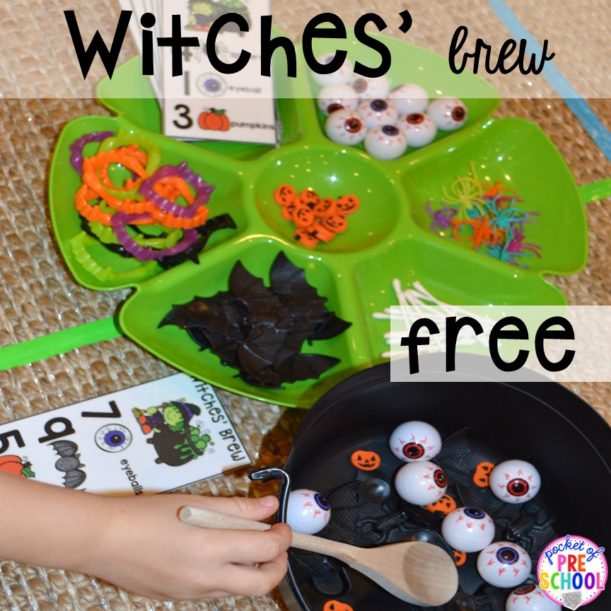 Witches brew counting FREEBIE! Plus my favorite Halloween activities and centers for preschool, pre-k, and kindergarten (art, math, writing, letters, blocks, STEM, sensory, fine motor). FREE mummy printable too.
