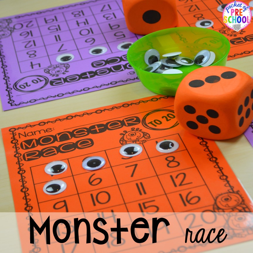 Halloween monster math race counting game! Plus my favorite Halloween activities and centers for preschool, pre-k, and kindergarten (art, math, writing, letters, blocks, STEM, sensory, fine motor). FREE printables... a mummy printable and witches brew counting recipe cards!
