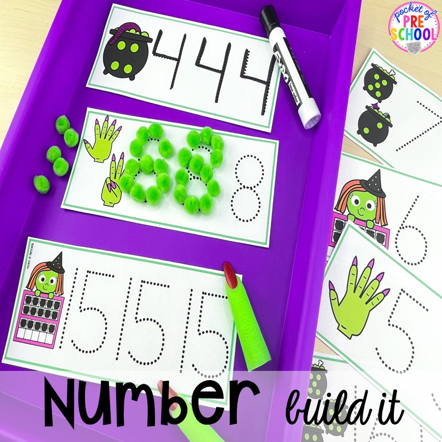 Halloween witch number trace! Plus my favorite Halloween activities and centers for preschool, pre-k, and kindergarten (art, math, writing, letters, blocks, STEM, sensory, fine motor). FREE printables... a mummy printable and witches brew counting recipe cards! 