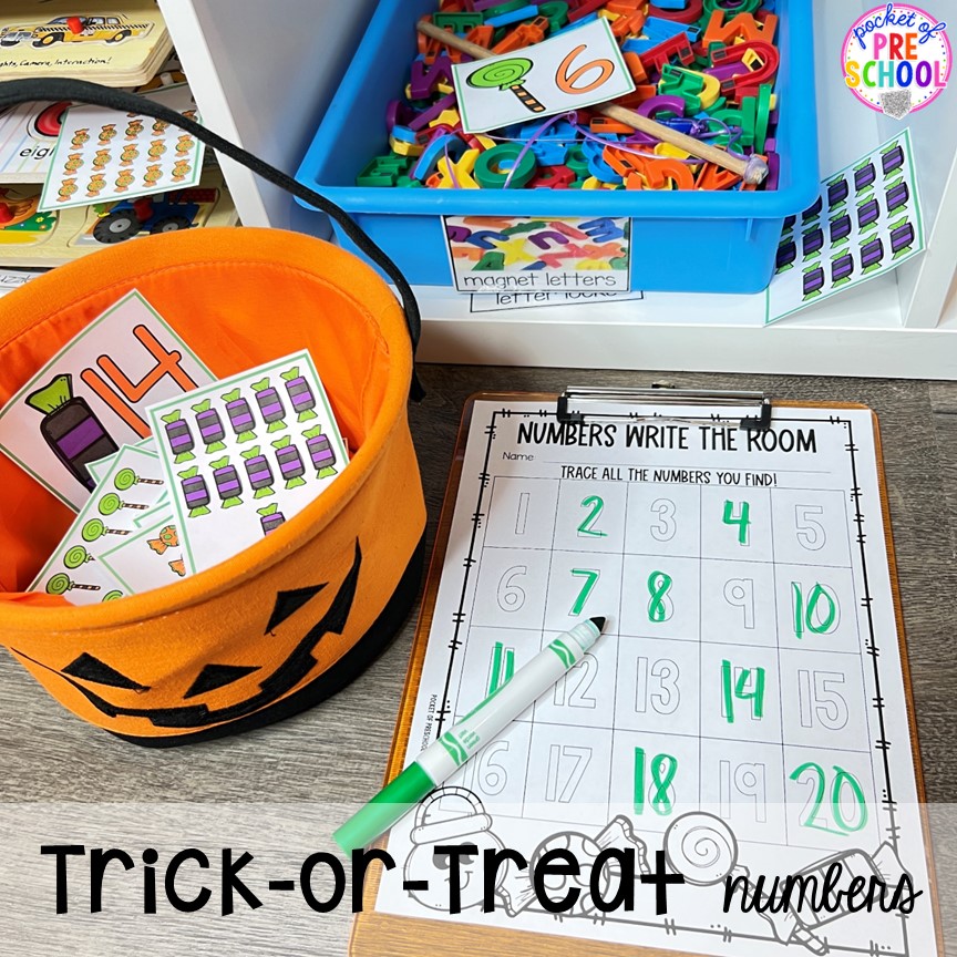 Trick-or-Treat Numbers is a great activity for preschool, pre-k, and kindergarten students to practice number recognition, number formation, and counting skills during Halloween.