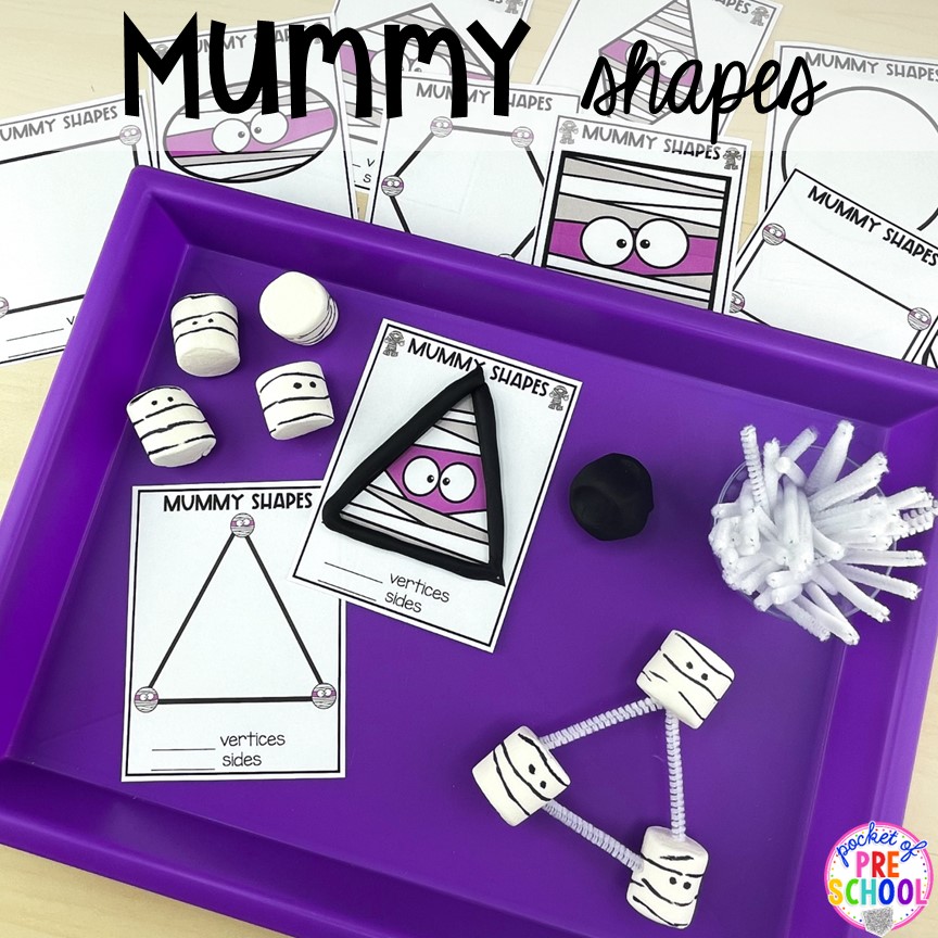 Mummy 2D shapes is a fun Halloween shape game for preschool, pre-k, and kindergarten students to learn about vertices, sides, and shape names. 