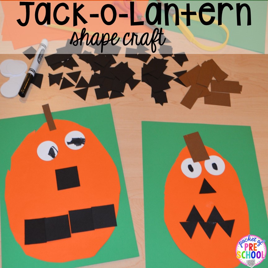 Jack-o-lantern shape craft for preschool, pre-k, or kindergarten students to make a fun Halloween craft.