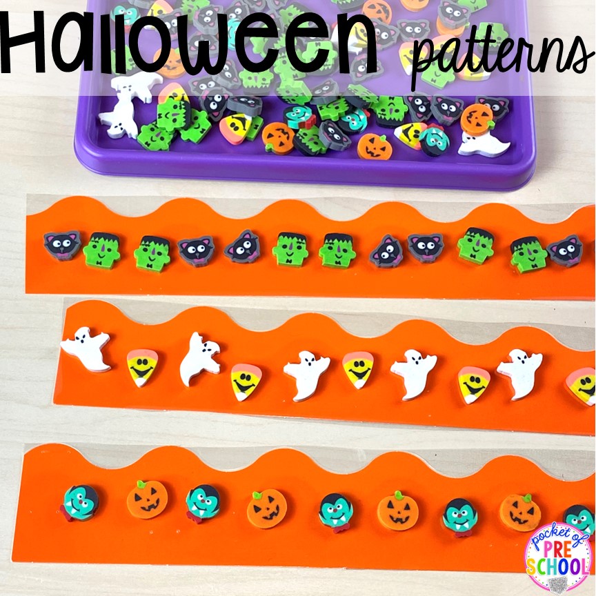 Halloween patterns with mini erasers for preschool, pre-k, or kindergarten students to practice fine motor and math skills.