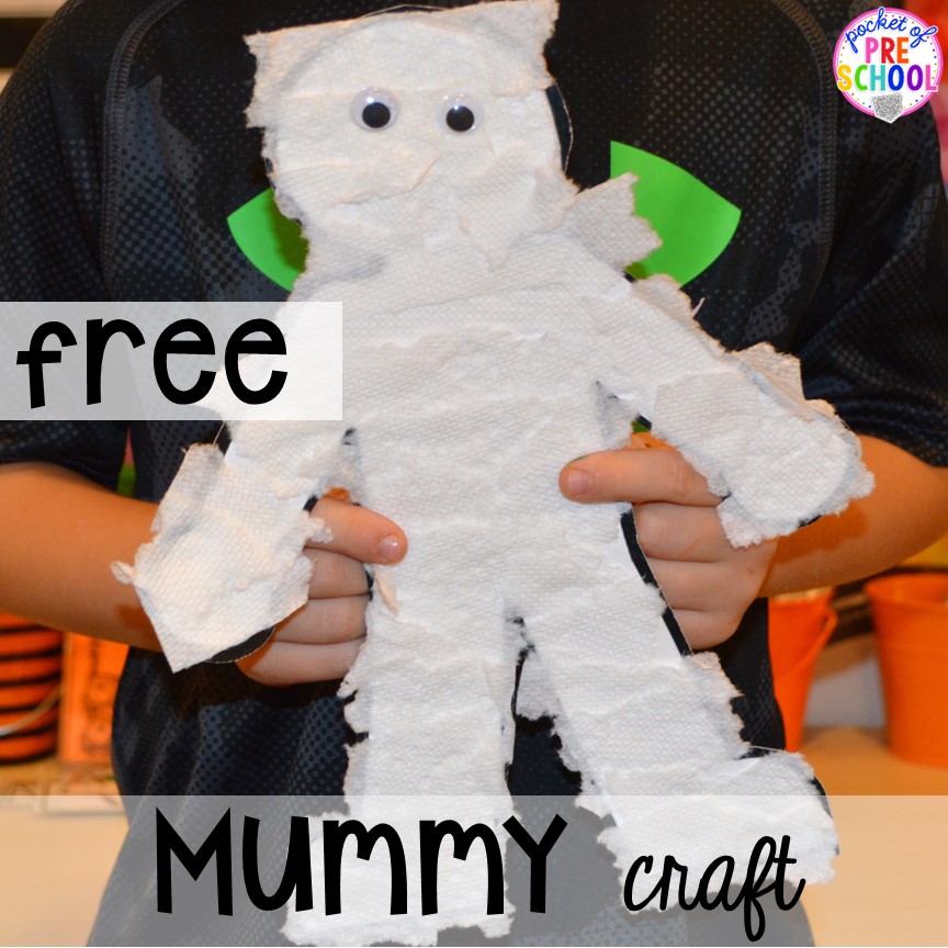 FREE mummy craft printable! Plus my favorite Halloween activities and centers for preschool, pre-k, and kindergarten (art, math, writing, letters, blocks, STEM, sensory, fine motor). FREE witches brew counting recipe cards too!