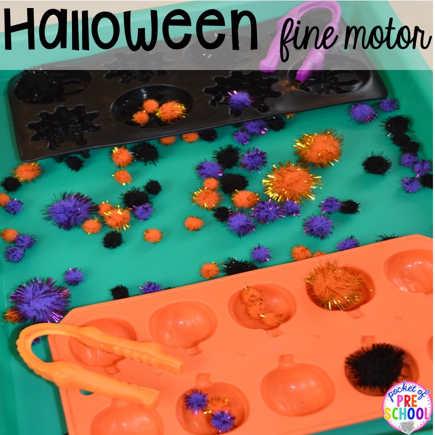 Halloween fine motor with pom poms and trays! Plus my favorite Halloween activities and centers for preschool, pre-k, and kindergarten (art, math, writing, letters, blocks, STEM, sensory, fine motor). FREE printables... a mummy printable and witches brew counting recipe cards! 