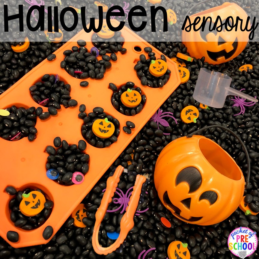 Halloween sensory table! Plus my favorite Halloween activities and centers for preschool, pre-k, and kindergarten (art, math, writing, letters, blocks, STEM, sensory, fine motor). FREE printables... a mummy printable and witches brew counting recipe cards! 