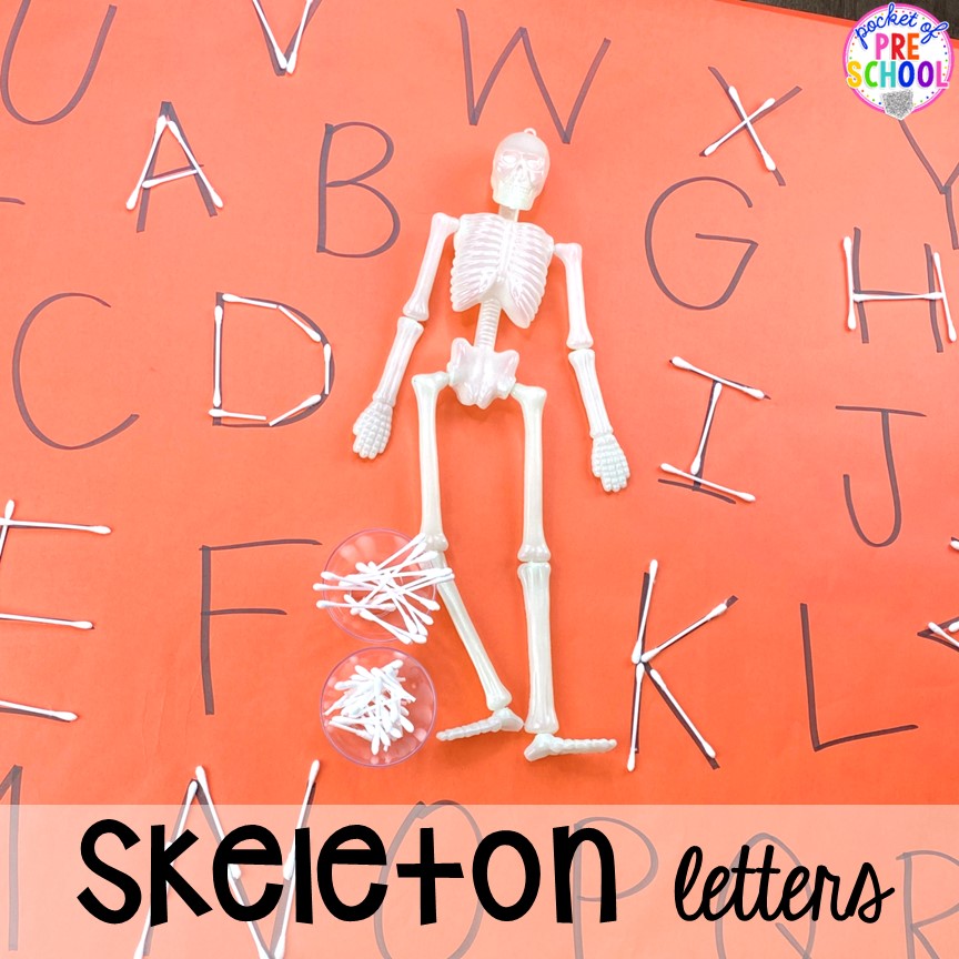 Skeleton letter build it butcher paper activity for Halloween! A fun letter game for preschool, pre-k, and kindergarten.