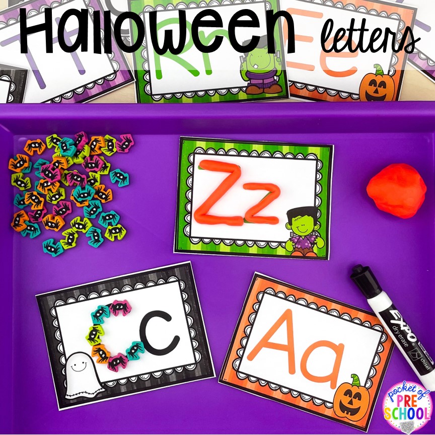Halloween play dough letter mats! Plus my favorite Halloween activities and centers for preschool, pre-k, and kindergarten (art, math, writing, letters, blocks, STEM, sensory, fine motor). FREE printables... a mummy printable and witches brew counting recipe cards!