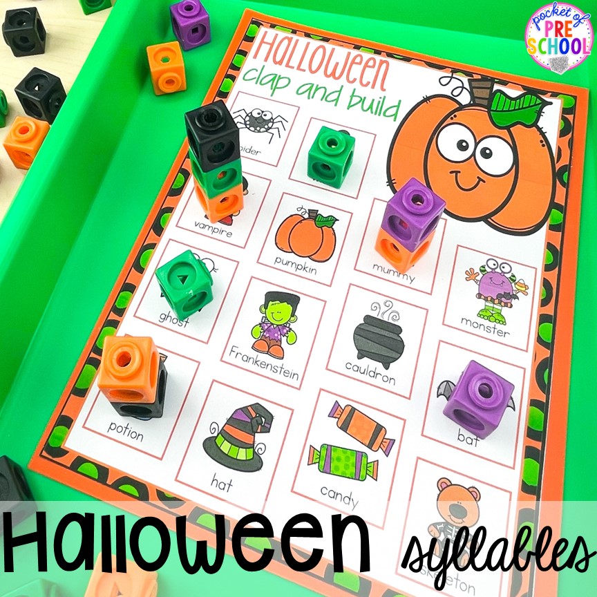 Halloween syllables game! Plus my favorite Halloween activities and centers for preschool, pre-k, and kindergarten (art, math, writing, letters, blocks, STEM, sensory, fine motor). FREE printables... a mummy printable and witches brew counting recipe cards! 