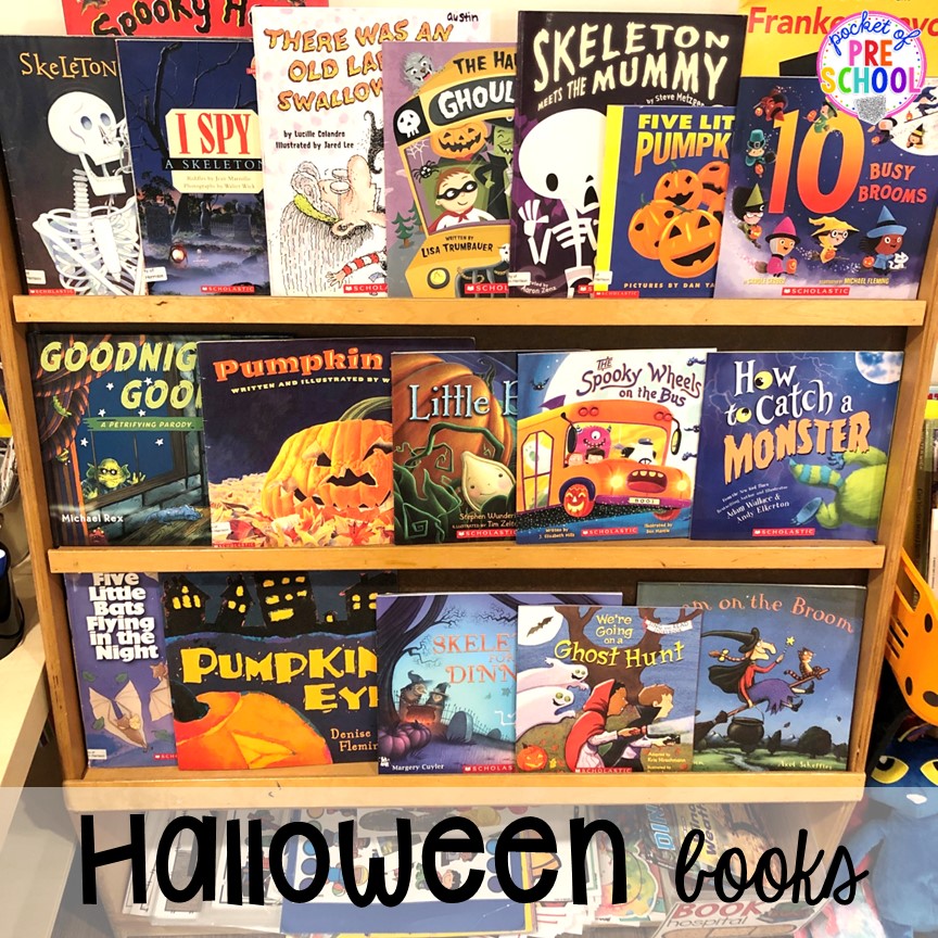 Halloween book list! Plus my favorite Halloween activities and centers for preschool, pre-k, and kindergarten (art, math, writing, letters, blocks, STEM, sensory, fine motor). FREE printables... a mummy printable and witches brew counting recipe cards!