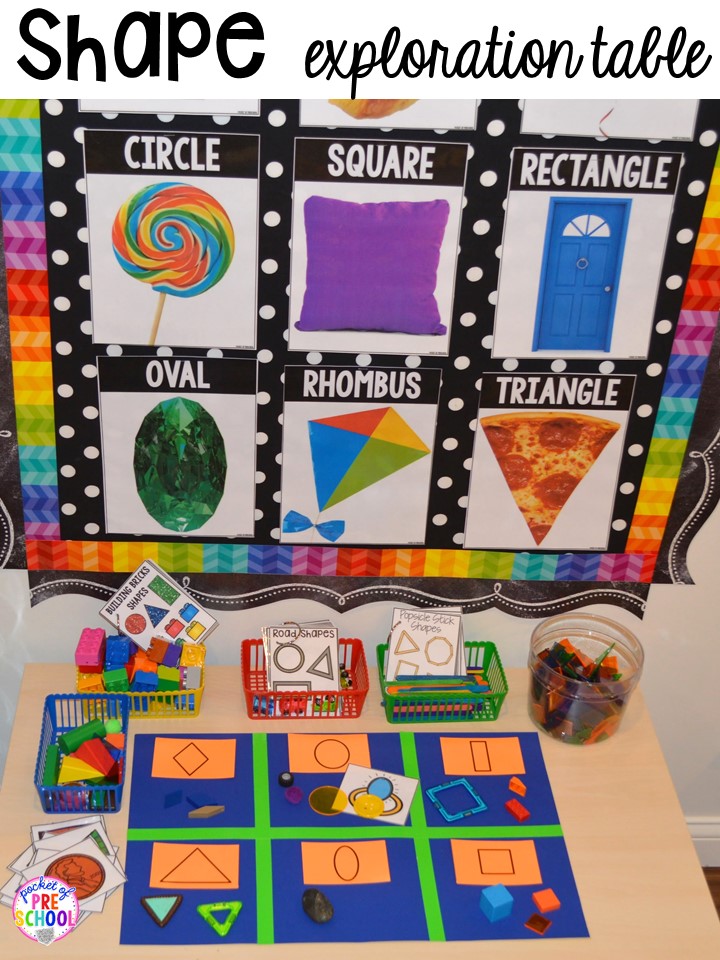 Shapes exploration table plus more 2D Shapes activities for preschool, pre-k, and kindergarten. Shape mats (legos, geoboards, etc), play dough mats, posters, sorting mats, worksheets, & MORE.