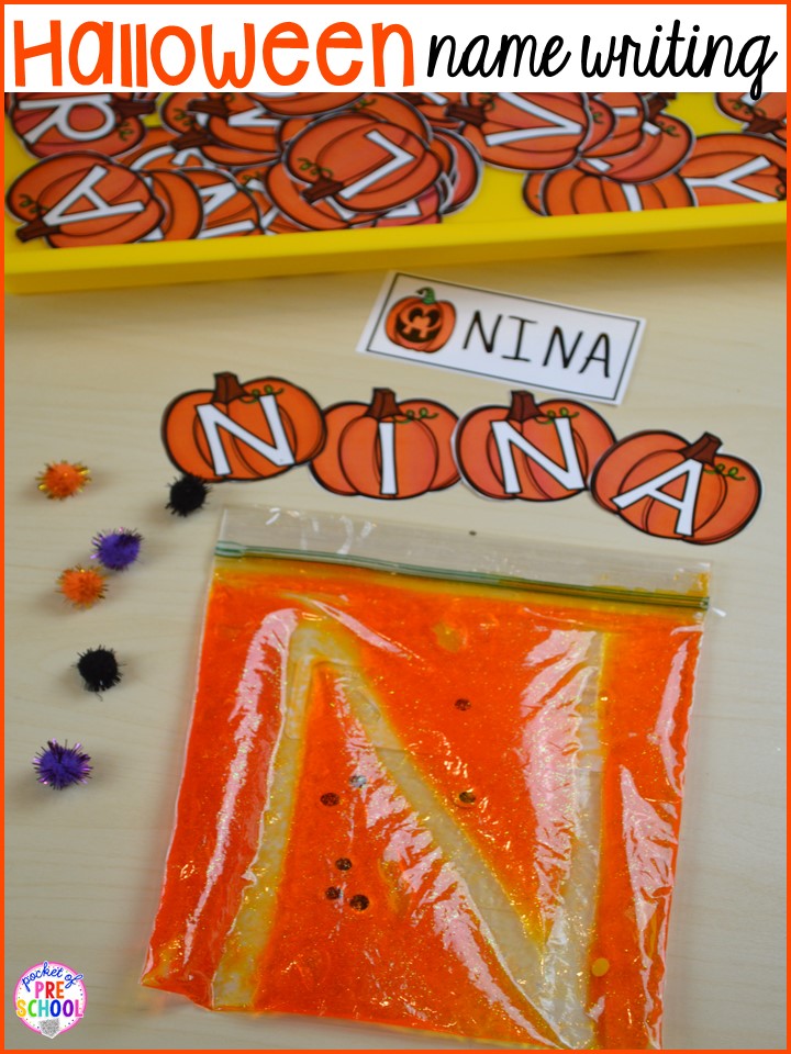 Halloween name writing! Plus my favorite Halloween activities and centers for preschool, pre-k, and kindergarten (art, math, writing, letters, blocks, STEM, sensory, fine motor). FREE printables... a mummy printable and witches brew counting recipe cards! 