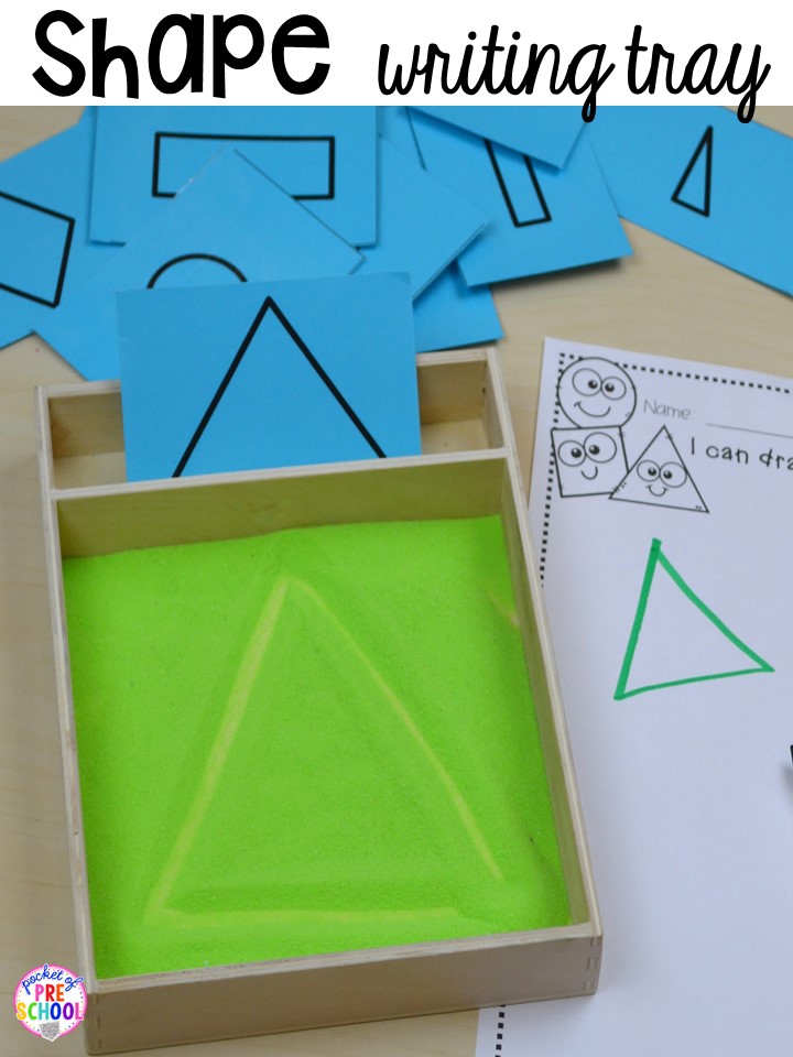 Shape writing tray plus more 2D Shapes activities for preschool, pre-k, and kindergarten. Shape mats (legos, geoboards, etc), play dough mats, posters, sorting mats, worksheets, & MORE.
