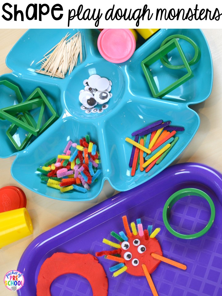 Shape play dough monsters! Plus 2D Shapes activities for preschool, pre-k, and kindergarten. Shape mats (legos, geoboards, etc), play dough mats, posters, sorting mats, worksheets, & MORE.