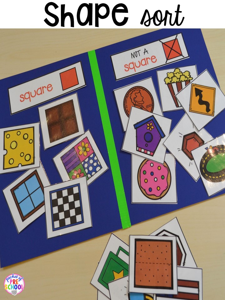 Shape sort! Plus 2D Shapes activities for preschool, pre-k, and kindergarten. Shape mats (legos, geoboards, etc), play dough mats, posters, sorting mats, worksheets, & MORE.