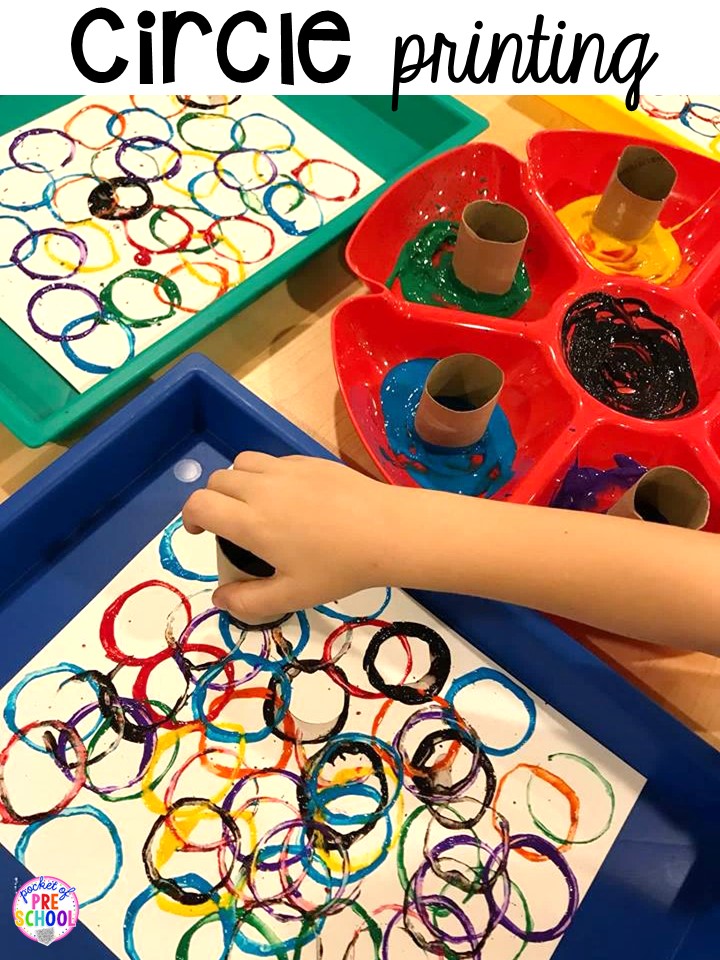 Circle printing! Plus 2D Shapes activities for preschool, pre-k, and kindergarten. Shape mats (legos, geoboards, etc), play dough mats, posters, sorting mats, worksheets, & MORE.
