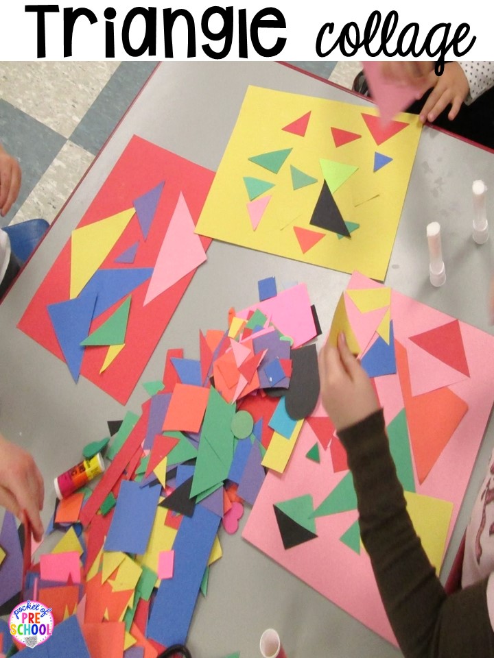 Triangle collages! Plus 2D Shapes activities for preschool, pre-k, and kindergarten. Shape mats (legos, geoboards, etc), play dough mats, posters, sorting mats, worksheets, & MORE.