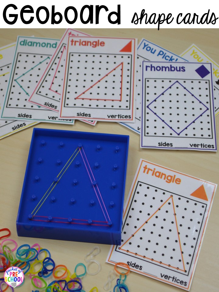 Shape geoboard cards plus more 2D Shapes activities for preschool, pre-k, and kindergarten. Shape mats (legos, geoboards, etc), play dough mats, posters, sorting mats, worksheets, & MORE.