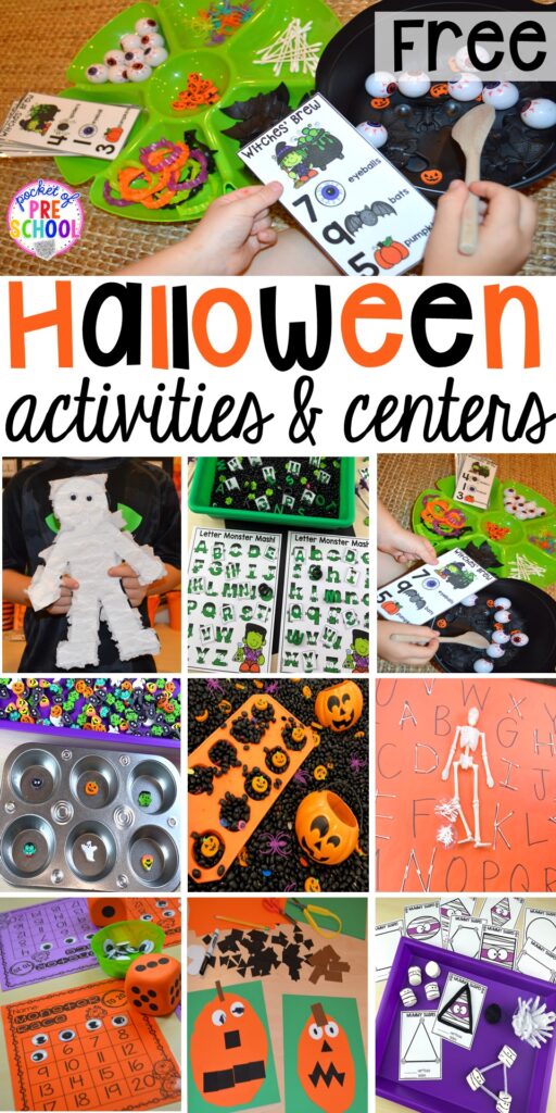 Halloween activities and centers for preschool, pre-k, and kindergarten plus FREE counting Halloween strew and mummy craft!
