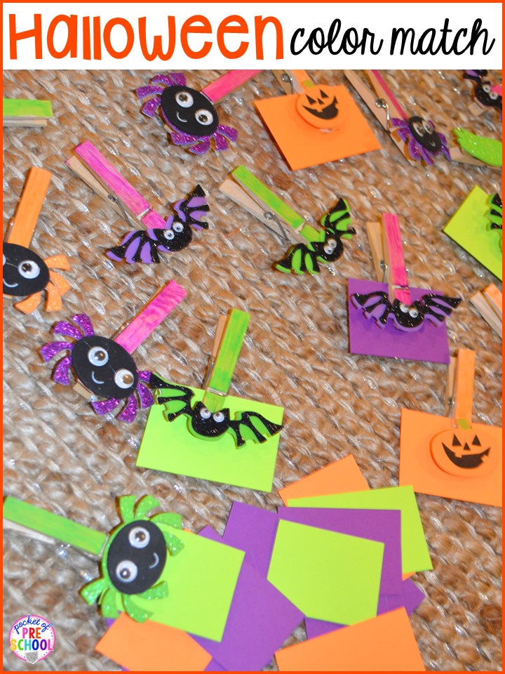 Halloween color match! Plus my favorite Halloween activities and centers for preschool, pre-k, and kindergarten (art, math, writing, letters, blocks, STEM, sensory, fine motor). FREE printables... a mummy printable and witches brew counting recipe cards! 