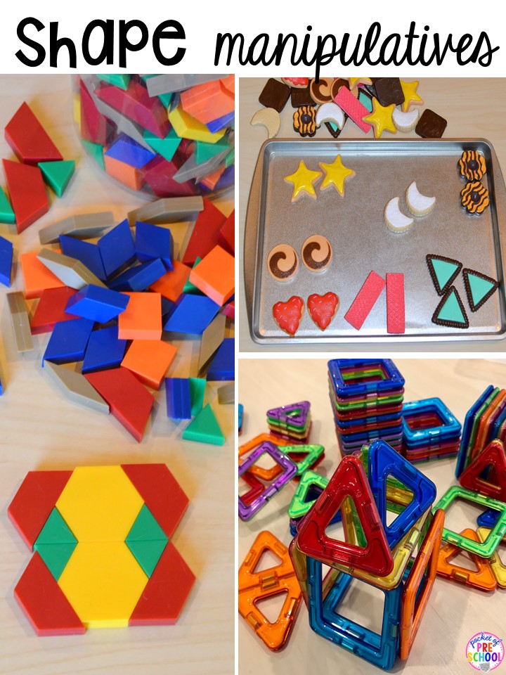 Favorite shape manipulatives. Plus 2D Shapes activities for preschool, pre-k, and kindergarten. Shape mats (legos, geoboards, etc), play dough mats, posters, sorting mats, worksheets, & MORE.