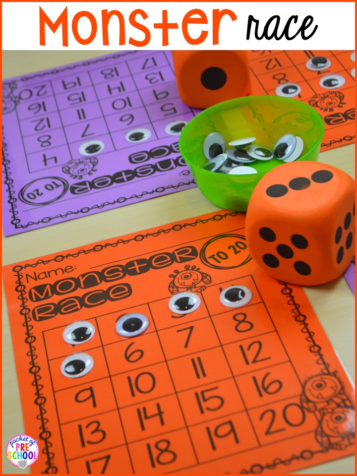 Halloween monster math race counting game! Plus my favorite Halloween activities and centers for preschool, pre-k, and kindergarten (art, math, writing, letters, blocks, STEM, sensory, fine motor). FREE printables... a mummy printable and witches brew counting recipe cards! 