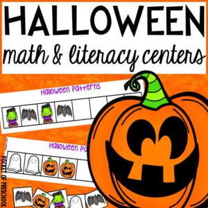 Math and literacy centers with a Halloween theme for preschool, pre-k, and kindergarten students