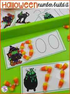 Halloween number trace! Plus my favorite Halloween activities and centers for preschool, pre-k, and kindergarten (art, math, writing, letters, blocks, STEM, sensory, fine motor). FREE printables... a mummy printable and witches brew counting recipe cards!