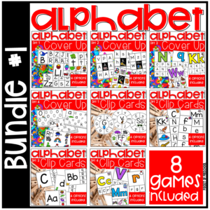 8 alphabet games designed for preschool, pre-k, and kindergarten students to help develop letter recognition and beginning sounds.