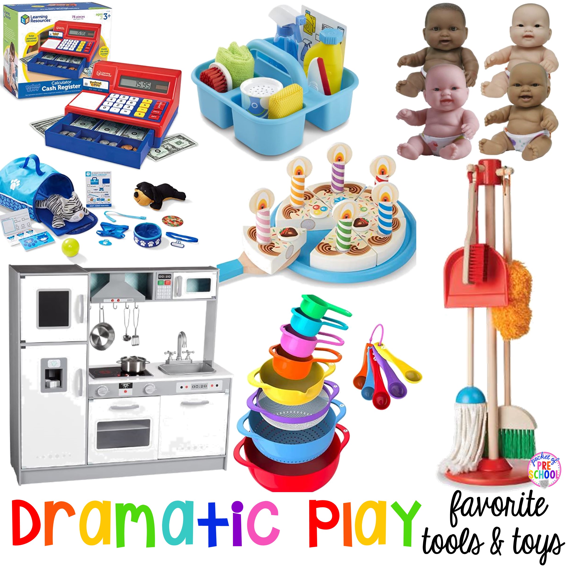 My favorite pretend play (aka dramatic play) tools & toys for preschool, pre-k, and kindergarten. Perfect for school or home.