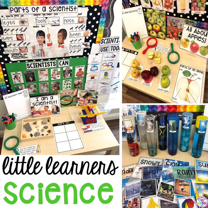 Favorite Science Center activities, tools, and toys for preschool, pre-k, and kindergarten age students in the classroom or at home.