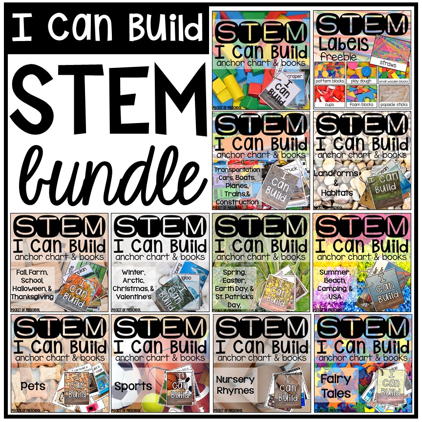 STEM I Can Build BUNDLE for preshool, pre-k, and kindergarten students to explore the worlds of science, technology, engineering, and mathematics.