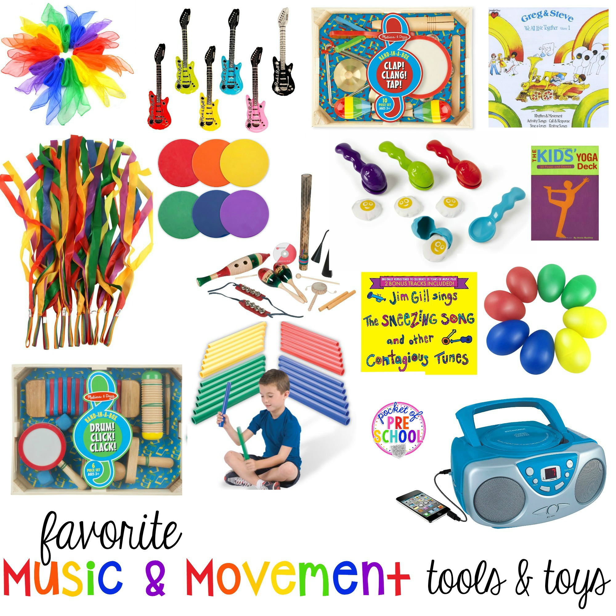 My favorite Music and Movement Tools and Toys for Preschool and Kindergarten or home! Use inside or outside for music and movement or place in music center.