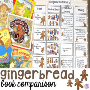 Gingerbread book activities and gingerbread book comparison anchor chart to build reading comprehenion. #preschool #prek #kindergarten