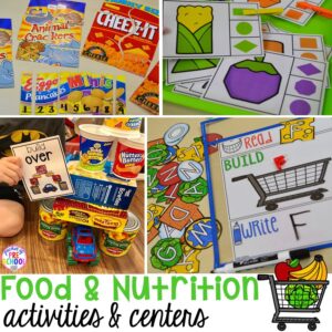 Food and nutrition centers for preschool, pre-k, and kindergarten. Reading, writing, math, fine motor, STEM, and art.