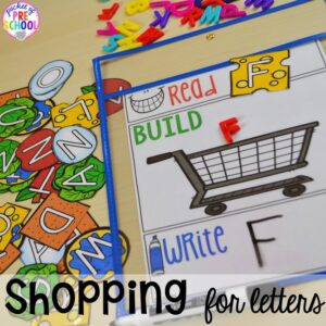 Shopping for letters, letter game. Plus tons more Food and nutrition centers for preschool, pre-k, and kindergarten. Reading, writing, math, fine motor, STEM, and art.
