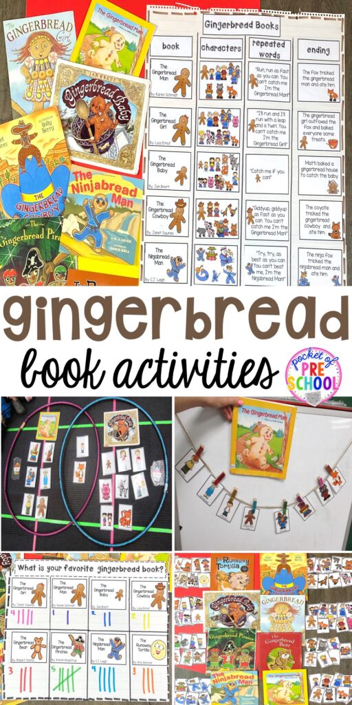 Gingerbread book comparison activities for a gingerbread theme in a preschool, pre-k, and kindergarten classroom to build reading comprehension.
